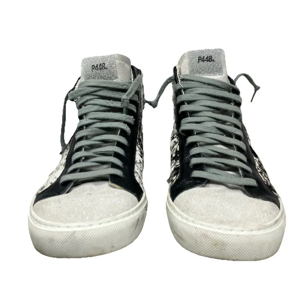 P448 Pony Hair High Tops Womens 8 Cowhide Zip Sneakers Streetwear Luxe Casual‎